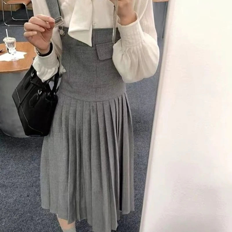 Lunivop Preppy Style Strap Dress Women Korean Fashion Grey Vintage Pleated Dresses Femal Harajuku Retro Classic Basic Dresses