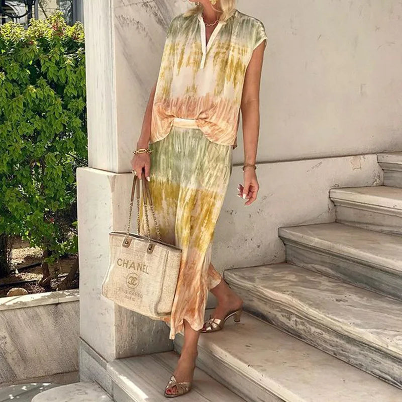 Lunivop   Casual Printed Shirt Skirt Sets Women V-Neck Short Top High Waist Skirts Female Suits Summer Lady Beach Outfit