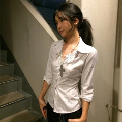 Lunivop Korean Style Casual Shirt Women Three Quarter Striped Shirts 2000s Japanese Y2k Vintage Tops Slim Retro Shirts Summer