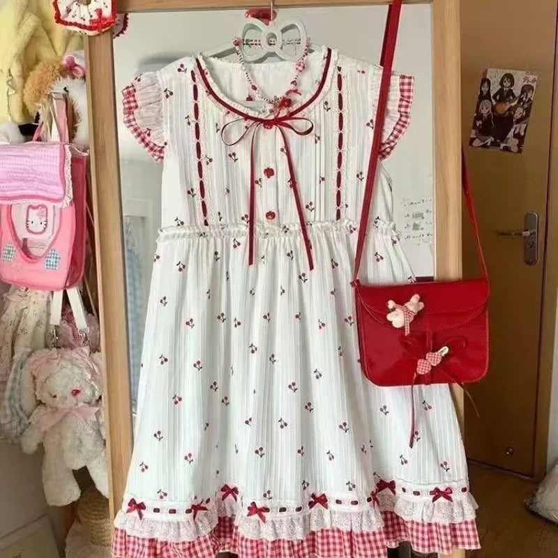 Lunivop  Summer Kawaii Lolita Dress Women Sweet Cherry Print Lace Ruffles Patchwork Plaid Party Mini Dresses Female Cute Princess Dress