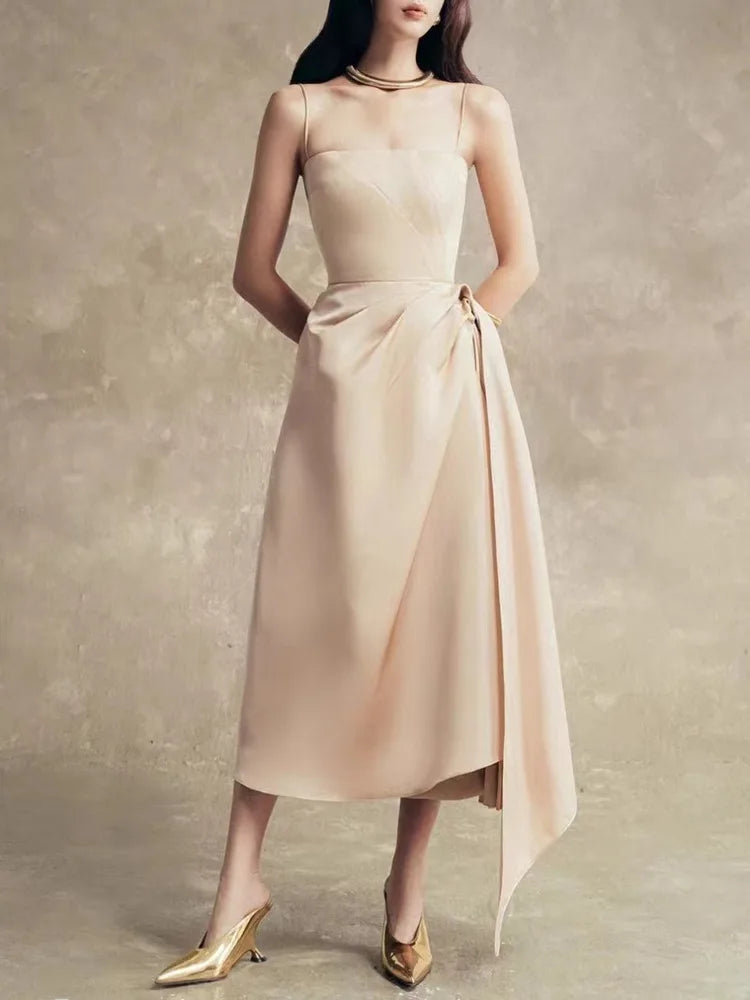 Lunivop Fashion Solid Color Folds Dress Women's Irregular Suspender Waist Cinching Dresses 2025 Summer New Tide