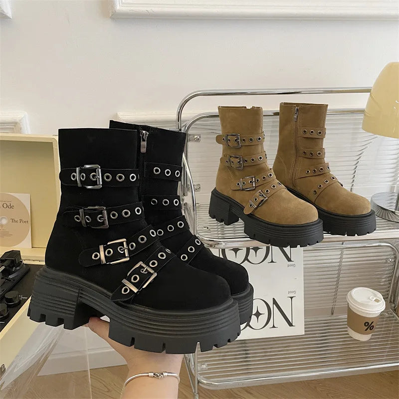 Lunivop Chunky High Heels Suede Platform Ankle Boots Women New Winter Fashion Belt Buckle Wedges Shoes Ladies Trend Punk Ankle Boots