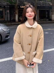 Lunivop Women Faux Lamb Suede Jacket Winter Warm Long Sleeve Sweet Cotton Coat Korean Pockets Female Thick Vintage Outwear Tops