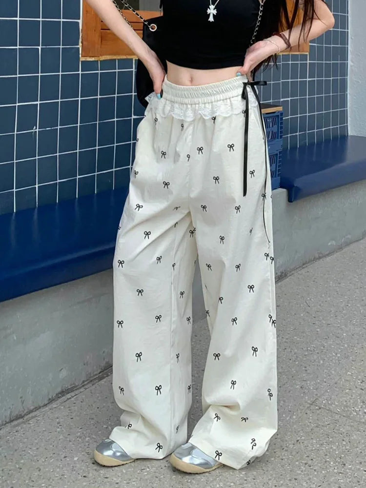 Lunivop  Bow Print Sweet Wide Leg Pant Women Loose Elegant Lace Patchwork Trousers Summer Vintage Cute High Waist Lady Casual Pants