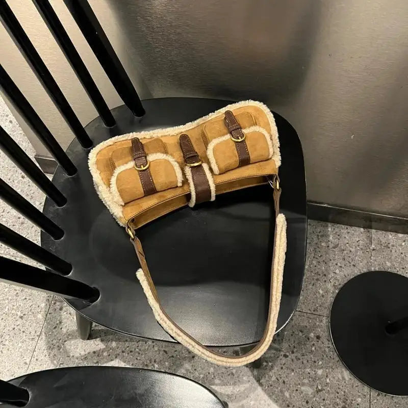 Lunivop  Retro Lamb Patchwork Brown Shoulder Bag Women Vintage Pocket Chic Y2k Handbag Female Hot Girls Casual Underarm Bag 2025