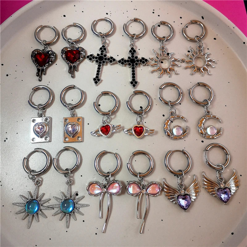 Lunivop Gothic Vintage Y2K Punk Moonlight Stone Bowknot Moon Heart Wings Cross Pendant Earrings Egirl Grunge EMO Scene 2000s Accessories