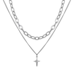 Lunivop New Design Double Layer Link Chain Cross Star Necklace for Women Man Teens Trendy Punk Hip hop Stainless Steel Choker