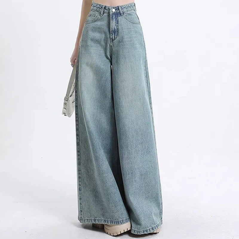 Lunivop  Women High Waist Korean Slacks Wide Leg Jeans Girls Punk 90s Vintage Denim Straight Leg Pants Female Light Blue Baggy Trousers