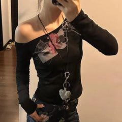 Lunivop  Off Shoulder Printed Long Sleeve Tshirts Women Vintage Slim Fit Versatile Crop Top Korean Fashion Y2k Aesthetic Tees