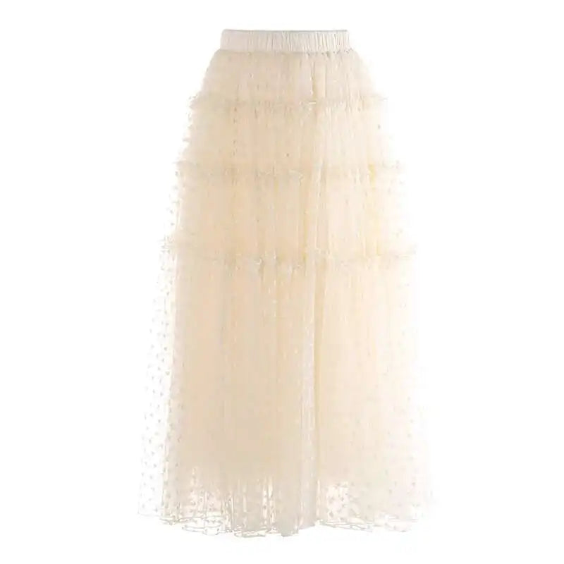 Lunivop Fashion Solid Color Folds Skirt Women's High Waisted Mesh Splicing Large Swing Skirts 2025 Summer New Tide