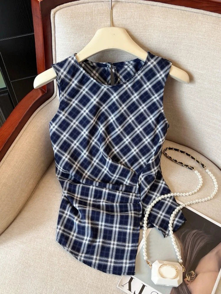 Lunivop  Retro Women Red Plaid Tanks Casual O Neck Slim Korean Vintage Tanks Summer Sleeveless Irregular Female Design Simple Tops
