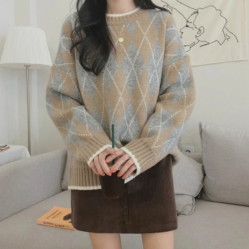 Lunivop Blue & Grey Argyle Sweater Women Crew Neck Long Sleeve Pullovers Jumper Shcoolgirl Fall Winter Preppy Style Outfit