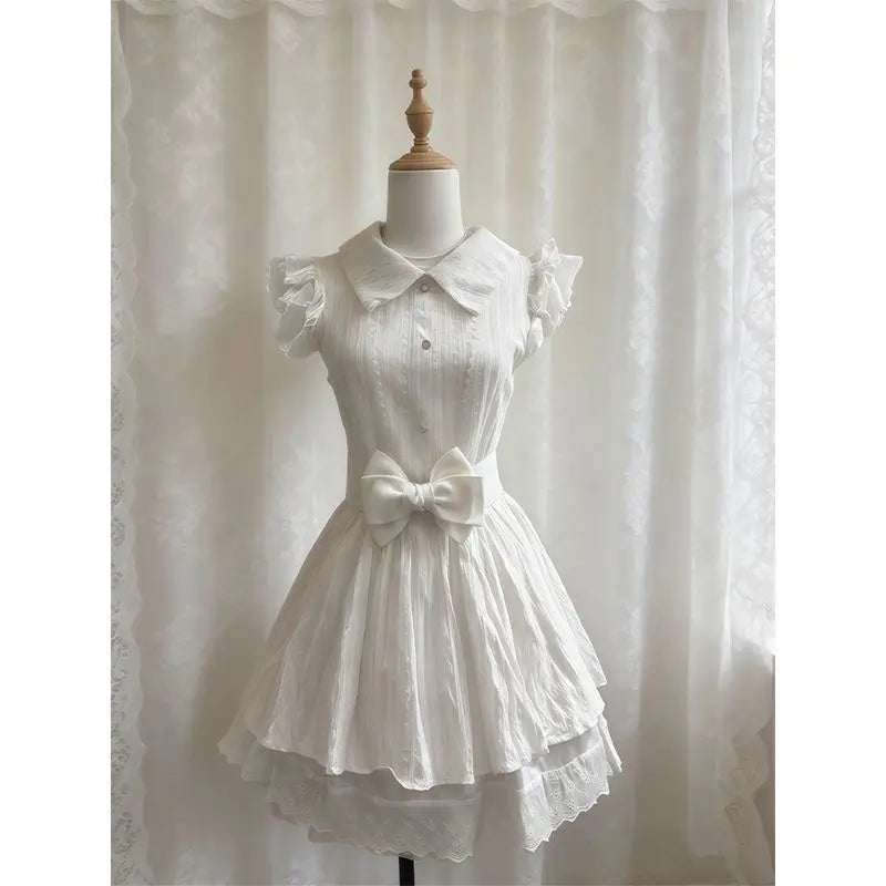 Lunivop  Summer Korean Sweet Preppy Dress Women Slim Lace Bow Lapel Mini Dress Harajuku Fresh Gentle Fashion Vintage Elegant Outfit