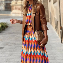 Lunivop   Fashion Women Geometric Prints Long Party Dress Summer Stand Neck Full Sleeves Charming Lady Mid-Calf Length Sundress