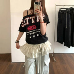 Lunivop Korean Style Mini Skirts Women Harajuku Sweet Lace Up Short Skirts Cute High Waist Y2k Streetwear Black Ruffle Skirt