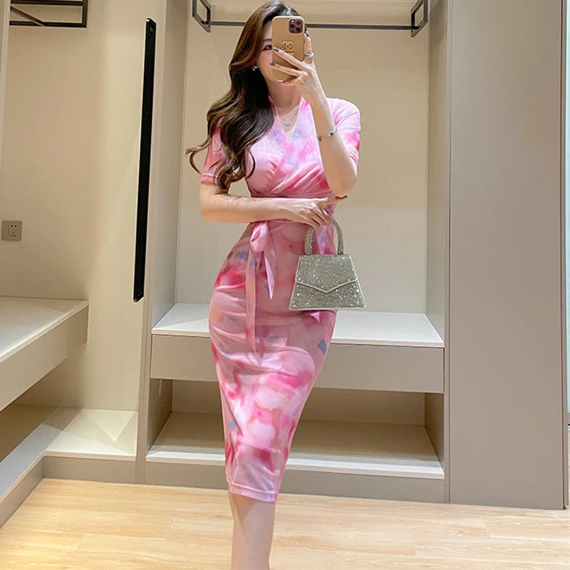 Lunivop  Korean Fashion Bodycon Bow Bandage Long Dress Summer Pink Print Mesh Casual Dress Women Elegant Chic Festival Party Dresses