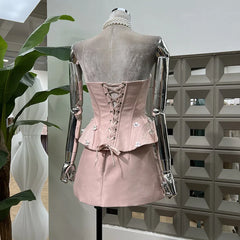 Lunivop New Spring And Summer Sweet Bow Decorated Pink Corset Style Women's Two-piece Set Dress Elegant Dresses Female