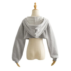 Lunivop  Autumn Rope Hooded Long Sleeve Hoodies Extra Cropped Sweatshirt Cape Women High Waist Casual Jumper Short Sweats Gray White