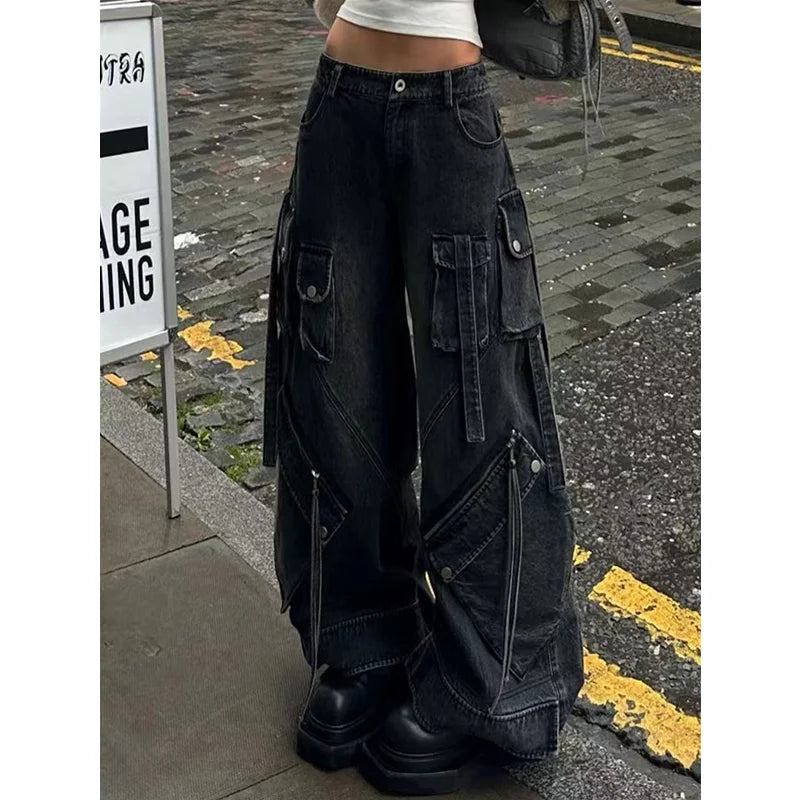 Lunivop Women Black Jeans Cargo Pants Streetwear High Waist American Wide Leg Pants Fashion Y2K Style Female Winter Straight Trousers