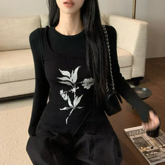 Lunivop Autumn New High Street Floral Printed Irregular Sexy Knitted Camisole Women + Black Long-sleeved T-shirt Two-piece Suit