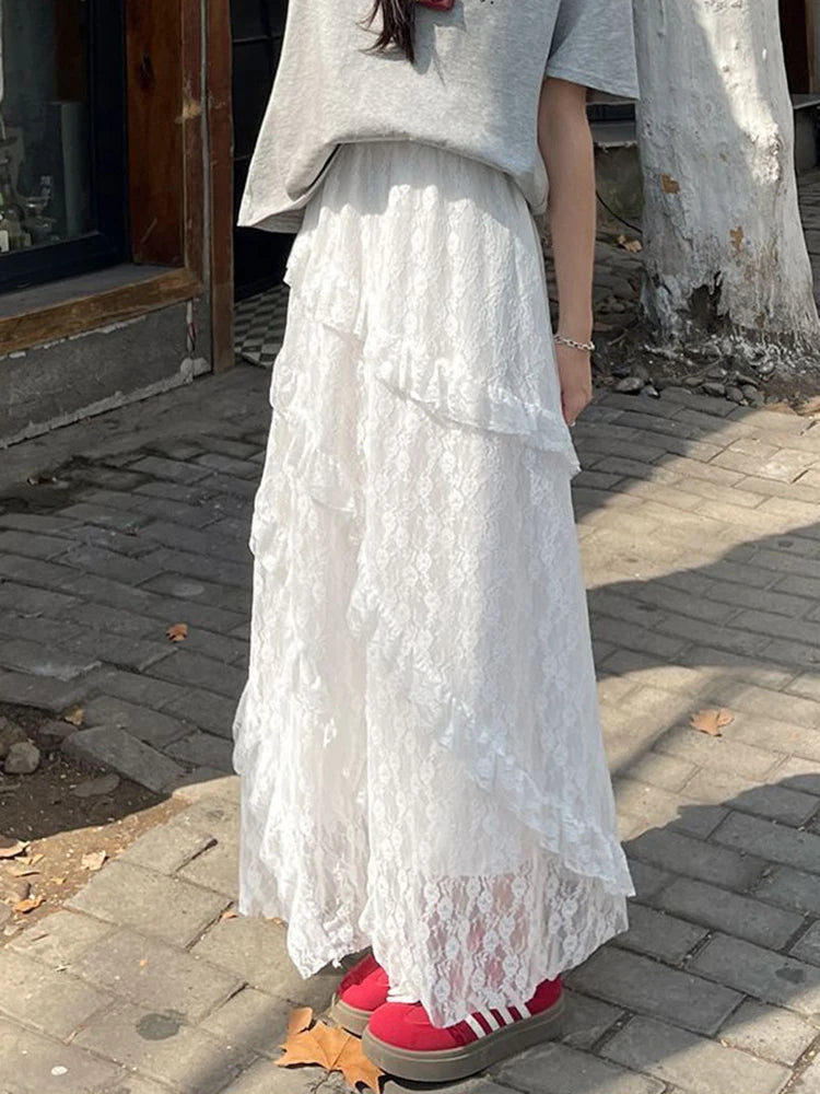Lunivop  White Lace Mesh Long Skirt Women Sweet Preppy Style Elegant High Waist Skirt Vintage Casual Patchwork Loose Cute Long Skirt