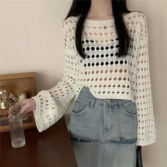 Lunivop Long Sleeve Crochet Knit Top Summer Beach Bikini Cover Up Crop Pullover Wool Knitwear Blouse Women Vacation Boho Outfit