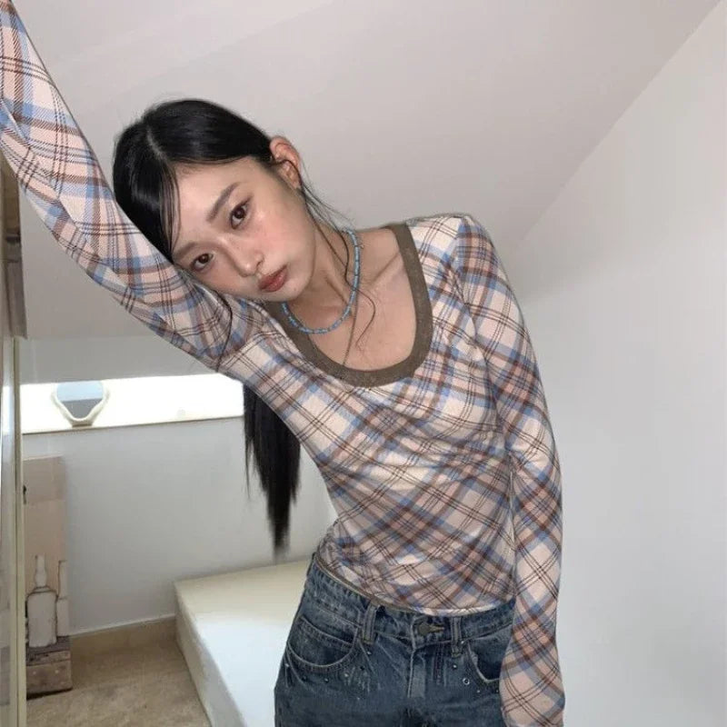 Lunivop Korean Style Plaid T-Shirts Women Vintage Elegant Y2k Long Sleeve Tees Retro Street Patchwork Slim Aesthetics T-Shirts
