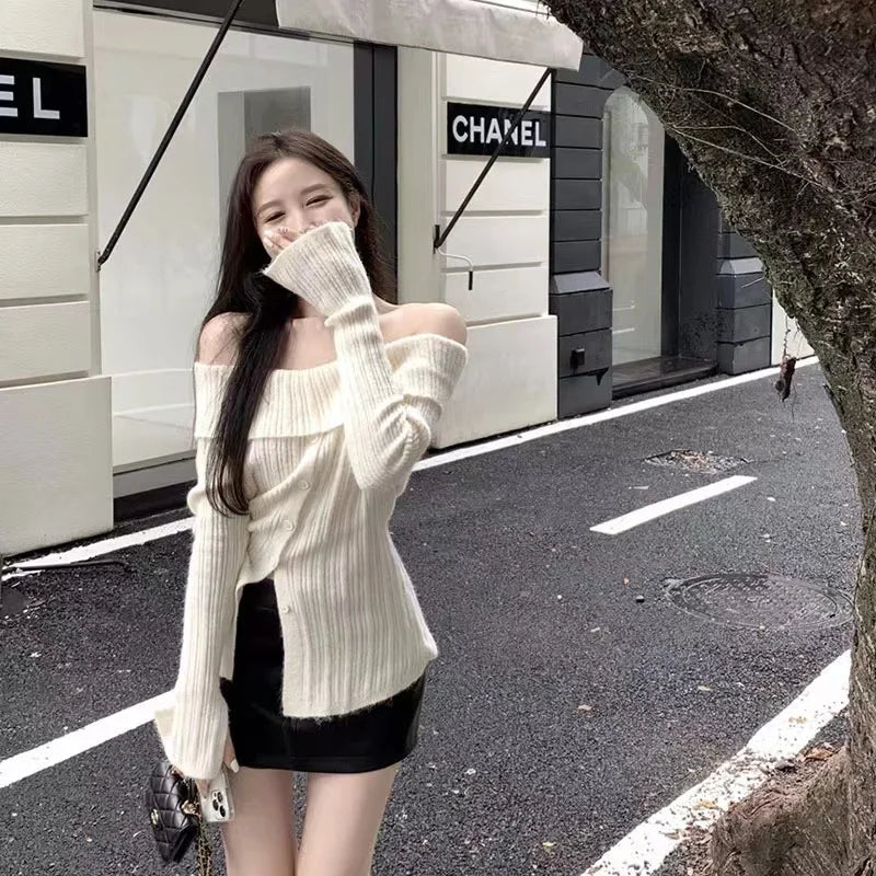 Lunivop Off Shoulder Knit Top for Women Button Front Long Sleeve Off-The-Shoulder Ribbed Fitted Tops Women Pullovers Sweater Y2K Outfit