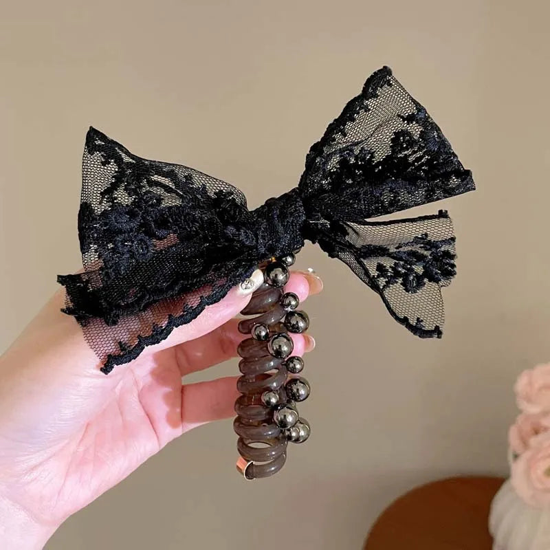 Lunivop  Korean Black Lace Bowknot Hair Tie For Women Girl Elastic Telephone Wire Line Rubber Braided Hair Rope Hairband Hair Accessories