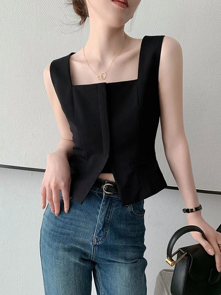 Lunivop Sexy Slit Slim Tanks Women Fashion Cropped Korean Black Tops Casual Elegant Design Square Collar Female Chic Short Tanks