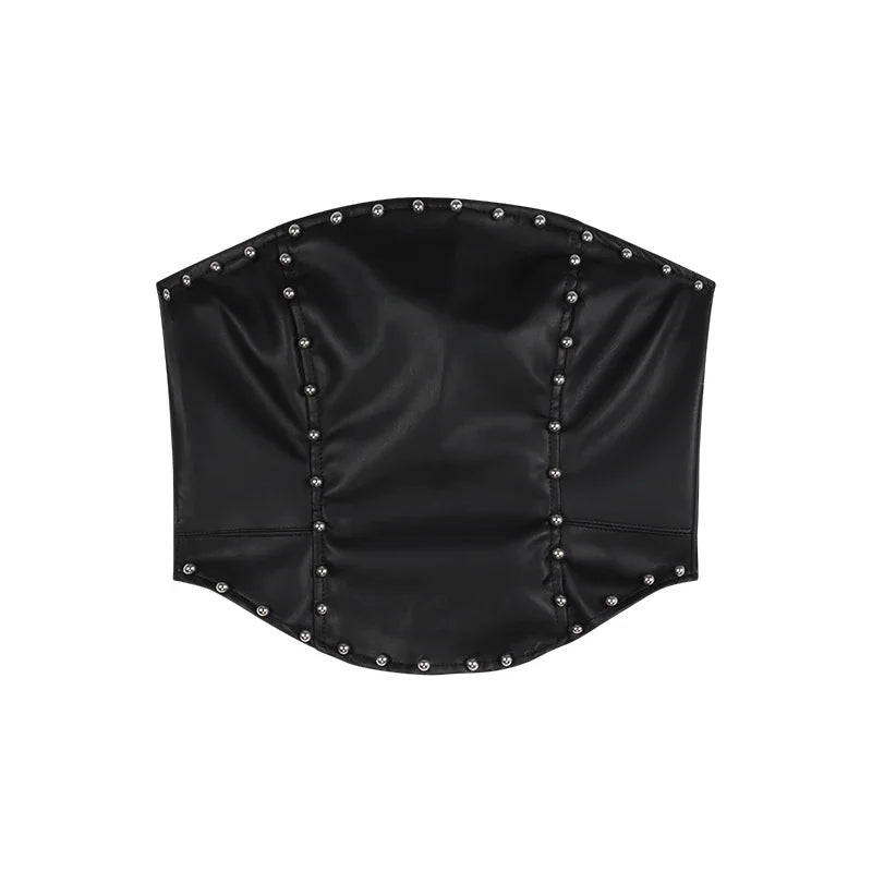 Lunivop Summer New American Off-shoulder Rivets Sexy Leather Camisole Women + High Waist Patchwork Casual Shorts Two-piece Suit