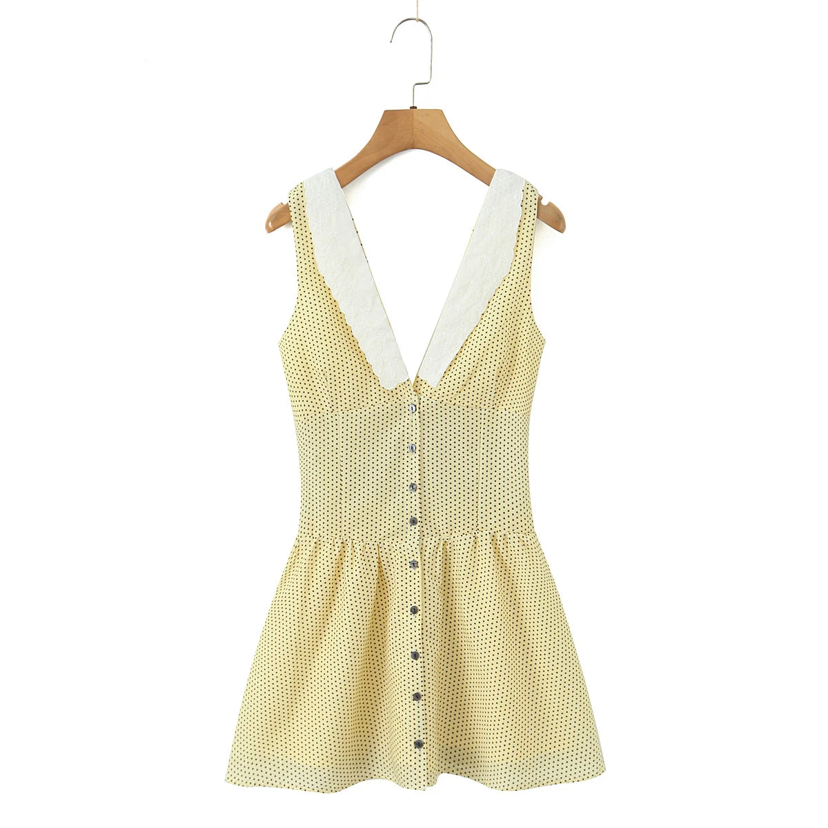 Lunivop  Sweet Yellow Polka Dot Print Spliced White Lace V collar Tank Dress Women Open Buttons Low Waist A-line Sleeveless Vestidos Robe
