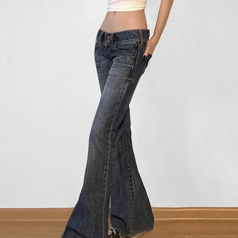 Lunivop American Retro Low Waisted Washed Jeans Women Streetwear Y2K Slim Fit Flared Pants Mujer Fashion Button Pockets Denim Trousers