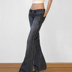 Lunivop American Retro Low Waisted Washed Jeans Women Streetwear Y2K Slim Fit Flared Pants Mujer Fashion Button Pockets Denim Trousers
