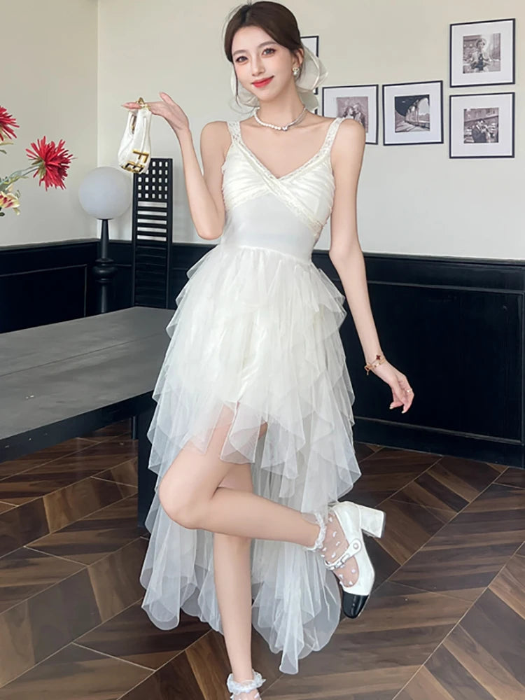 Lunivop  New White Elegant Lace Sling Sexy Dress Summer Fashion Patchwork Ruffled Luxury Dress Women Korean Elegant Birthday Dresses