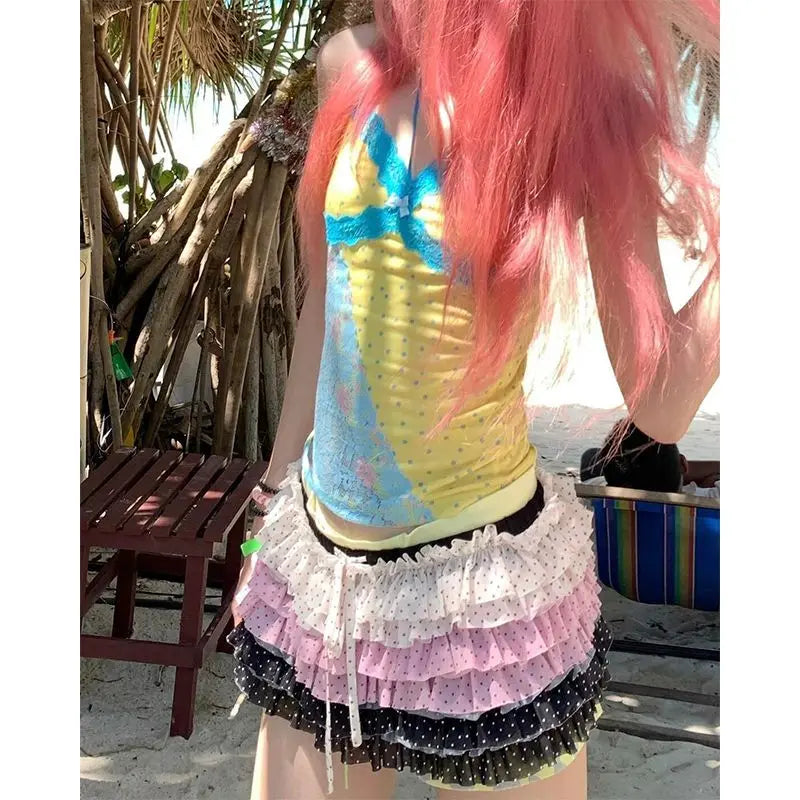 Lunivop Y2k Vintage Mini Skirt Women Japanese Style 2000s Harajuku Polka Dot Layered Short Skirt Kawaii Fashion Ruffles Skirts