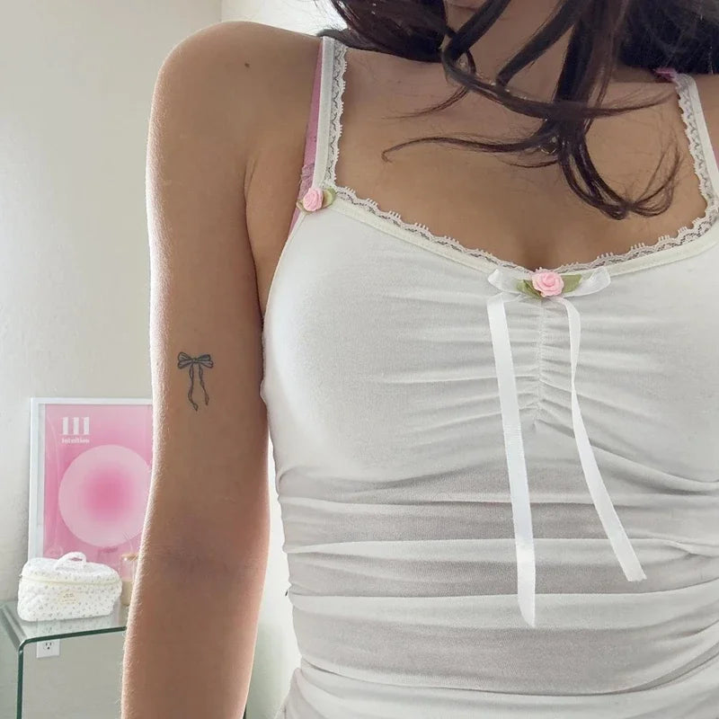 Lunivop Fairy-Women's Sleeveless Crop Tops, White Bow Lace Trim Camis, Vintage, Kawaii, Slim Fit Tank Tops, Y2K Coquette, 00s