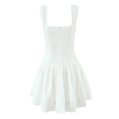 New 2025 Women Floral Embroidery White Tank Mini Dress Sexy Sleeveless Low Waist A-line Slim Summer Dresses Casual Robe