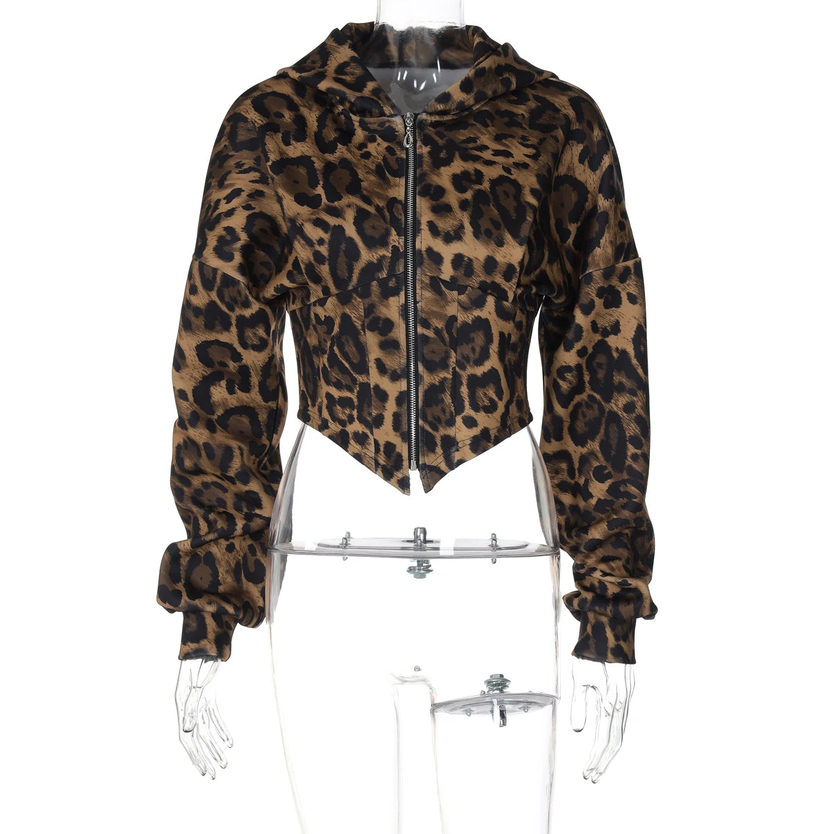 Lunivop Hooded Leopard Print Long Lantern Sleeves Zipper Up Women'S Coats jacket 2024 Y2K Streetwear Casual Clothes Wholesale