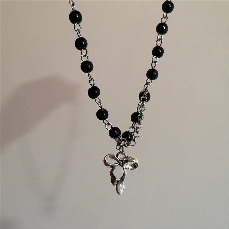 Lunivop Goth Aesthetic Black Glass Heart Bow Pendant Pearl Beaded Rope Chain Choker Necklace Egirl Y2K lolita 2000s Jewelry Accessories