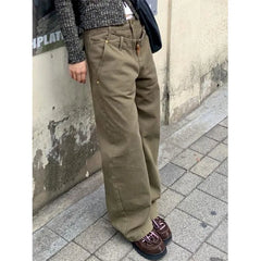 Lunivop Khaki Womens Jeans High Waist Vintage Straight Winter Y2K Classic Denim Pants Streetwear American Wide Leg Baggy Denim Trouser