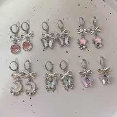 Lunivop Y2k Sweet Pink Zircon Bow Knot Heart Stud Earrings Women Girls Sparkling Ear Studs Korean Fashion Party Jewelry Gift