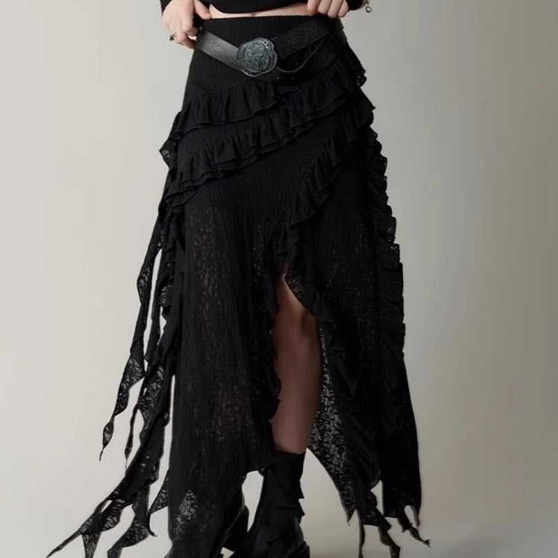 Lunivop Gothic Black Y2k Skirts Women Gyaru 2000s Lace Irregular Long White Skirt Streetwear Irregular Ruffle Skirts Aesthetic