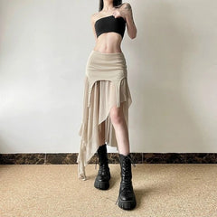 Lunivop Vintage Sexy Slit Skirt Women Y2k Elegant Irregular Sweet Ruffle Skirts Korean Style Tulle Streetwear Layered Skirts