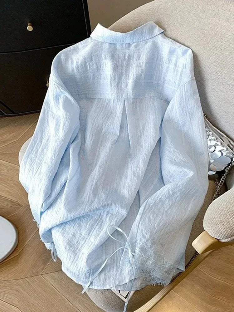 Lunivop  Blue Sweet Sun Proof Shirt Women Lace Patchwork Bow Korean Blouse Loose Fashion Long Sleeve Elegant Female Casual Cute Tops