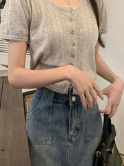 Lunivop  Design Sensation Hollow out ort Knitted Top Women's Summer New Fre Sweet Anti-Aging Charming irt Korean Sle Slim Fit