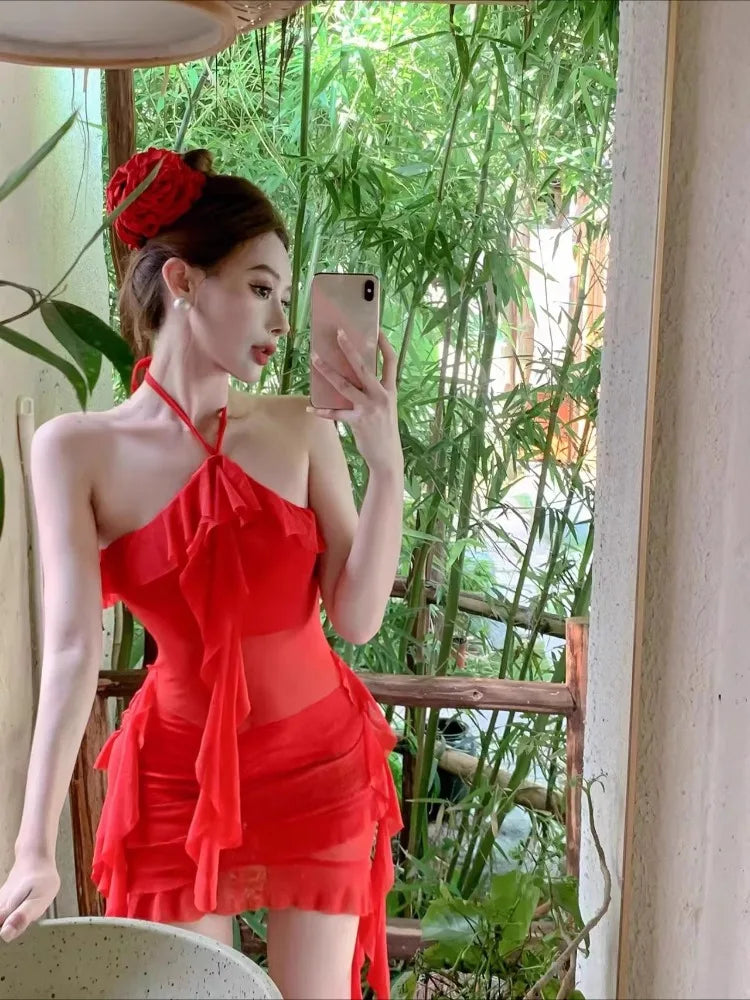 Lunivop  Sexy Dresses Women Irregular Ruffles Sleeveless Halter Mesh Patchwork Slim Backless Elegant Dress Party Female Holiday