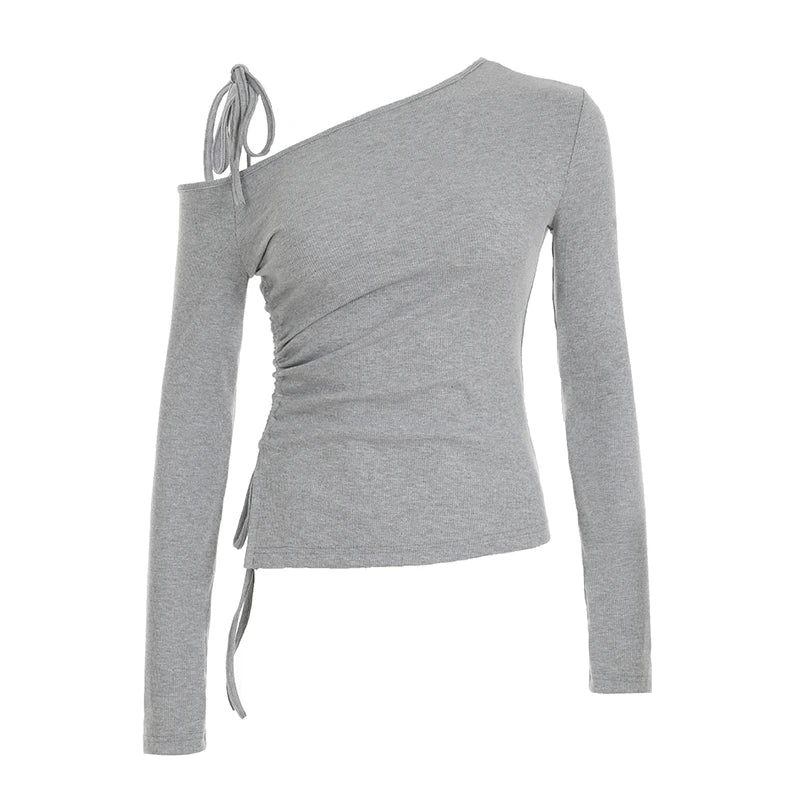 Lunivop   Asymmetrical Off-shoulder Crop Top Grey Bandage Drawstring Long Sleeve Knitted T Shirts Korean Fashion Casual Tees Women