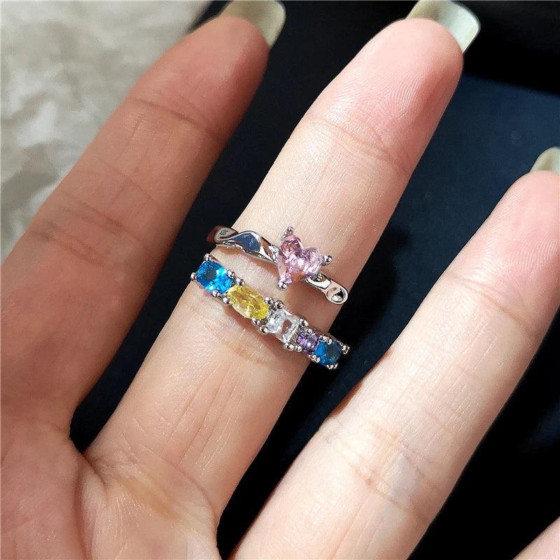 Lunivop Kpop Fashion Y2K Crystal Heart Adjustable Ring Irregular Geometry Punk Vintage Rings For Women Girls Cute Jewelry Accessories