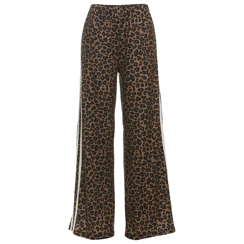 Lunivop  Leopard Print Side Stripes Wide Leg Pants Women Autumn Fashion Elastic High Waist Loose Casual Streetwear Trousers Bottoms
